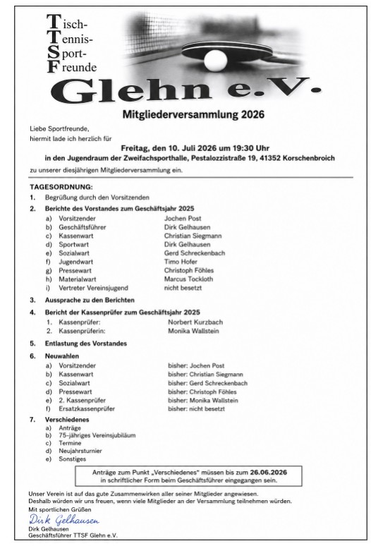 Mitgliederversammlung am 10.07.2026 um 19:30Uhr, ZSH Kleinenbroich